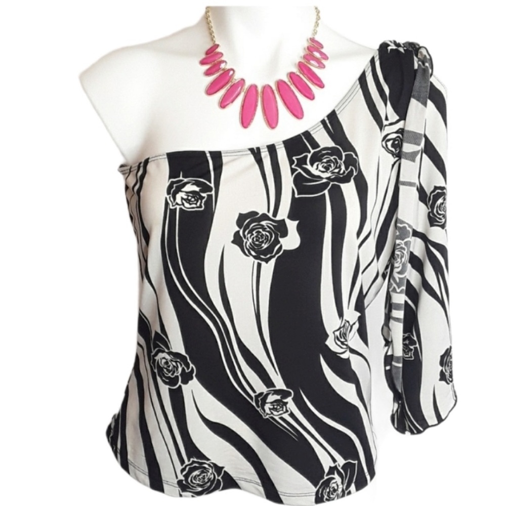 RAG Black One Shoulder Zebra Rose Blouse EUC sz M